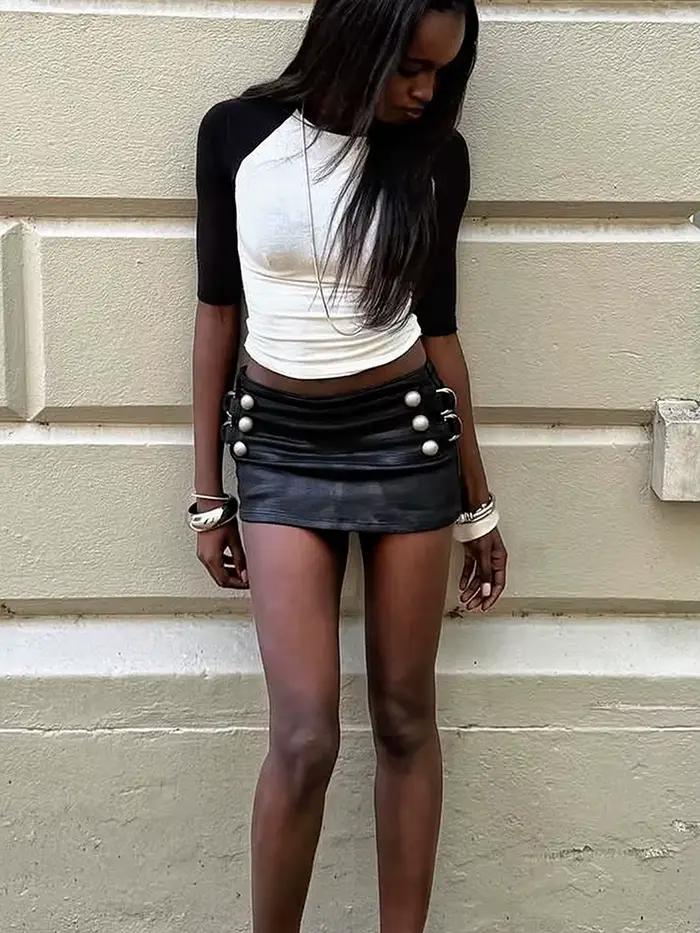Kliou Double-Breasted Design Mini Jupe Femme D'été Tendance Anneaux En Métal Patchwork Taille Élastique Skinny Wrap Hanche Sauvage Style Bas