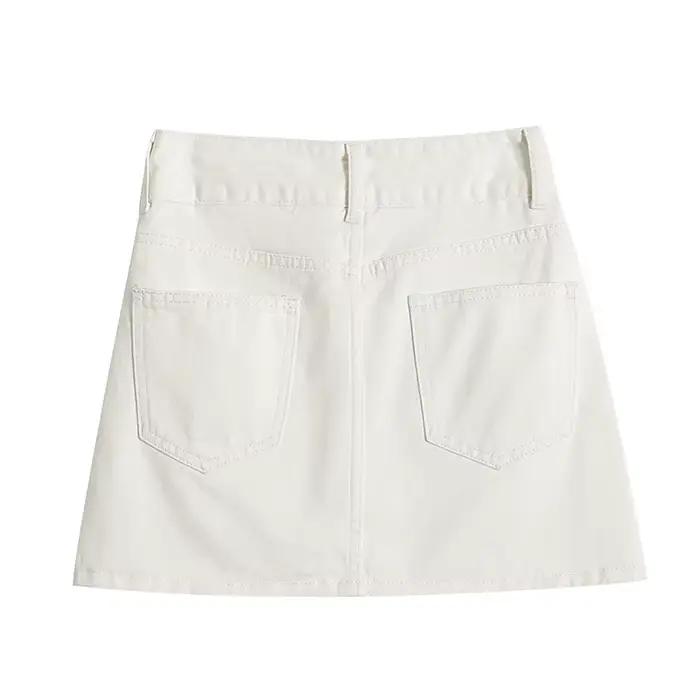 Jupe-short en jean blanc pour femme, taille haute, double boutonnage, mini-jupe ornée de fleurs 3D et perles, avec short de sécurité intégré, coupe trapèze, pour l'été sorties nocturnes