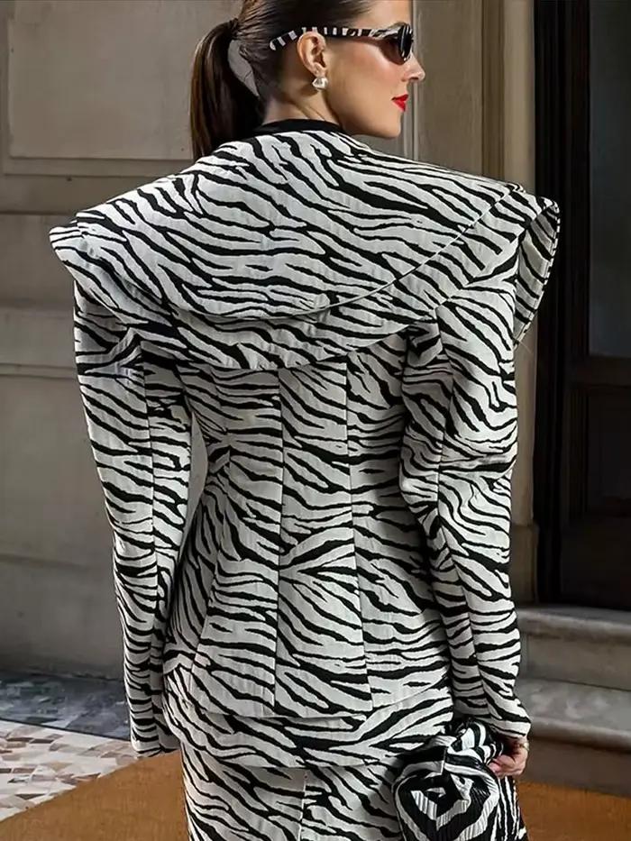 Mode zèbre imprimé profond-V veste jupe ensemble femmes revers complet Seeve cintré taille manteau mince