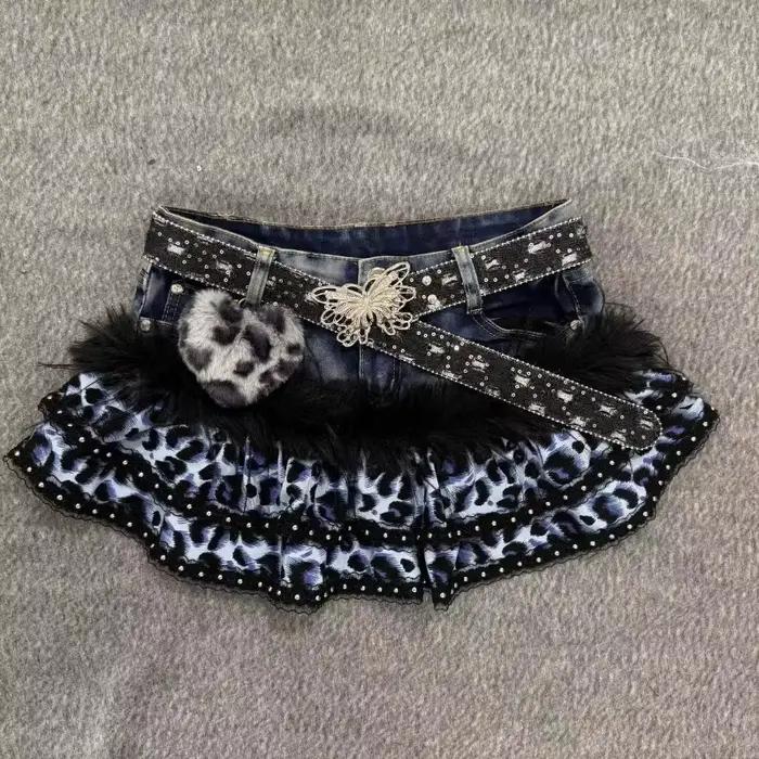 Jupe en jean imprimée léopard noir et blanc vintage Y2K pour femmes