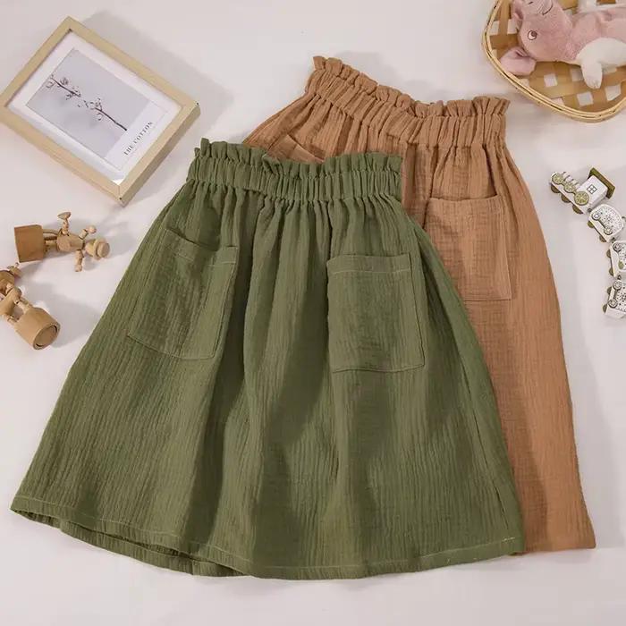 Jupes pour filles en gaze de coton 100% à taille élastique plissée