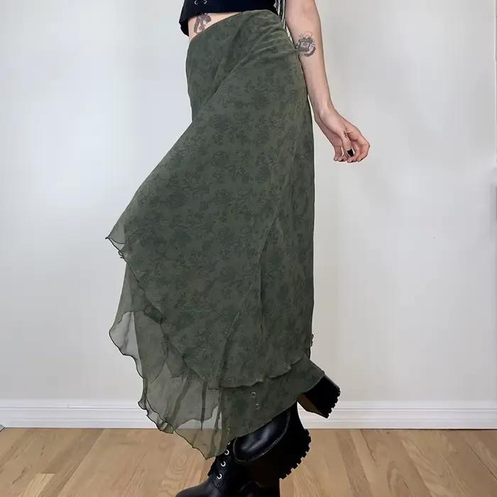 Fairycore-Jupe mi-longue en mousseline de soie à volants taille haute pour femme