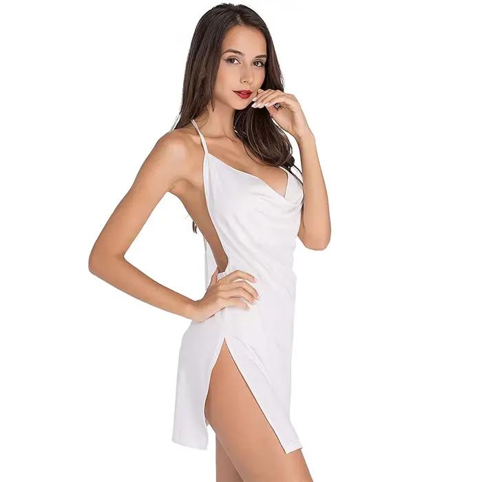 Chemise de nuit d'été femmes grande taille robe de nuit Sexy licou vêtements de nuit côté ouvert profond V sans manches nuisette chemise de nuit noir blanc