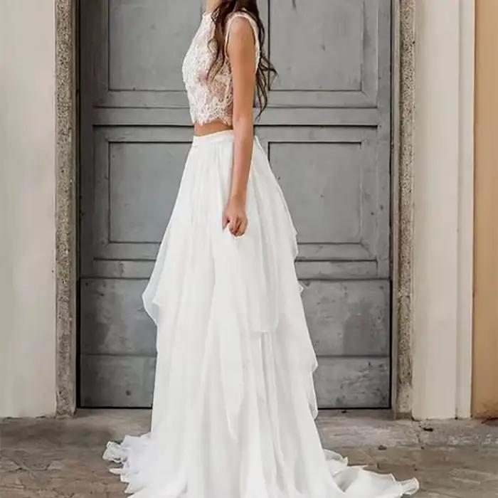 Robe De Mariée Deux Pièces Bohème Dentelle Sexy Jupe Longue En Mousseline Plage Jardin Été Haut Court Sans Manches Traîne Robes De Mariage Élégantes Romantiques Pour Les Mariées Grande Taille Blanches