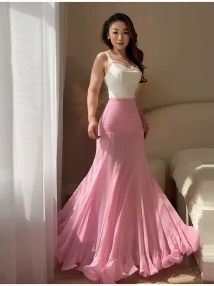 Jupe longue sirène élégante à pois froncée taille haute