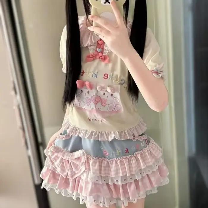 Nouvel ensemble jupe et t-shirt style Lolita Kawaii japonais pour femme