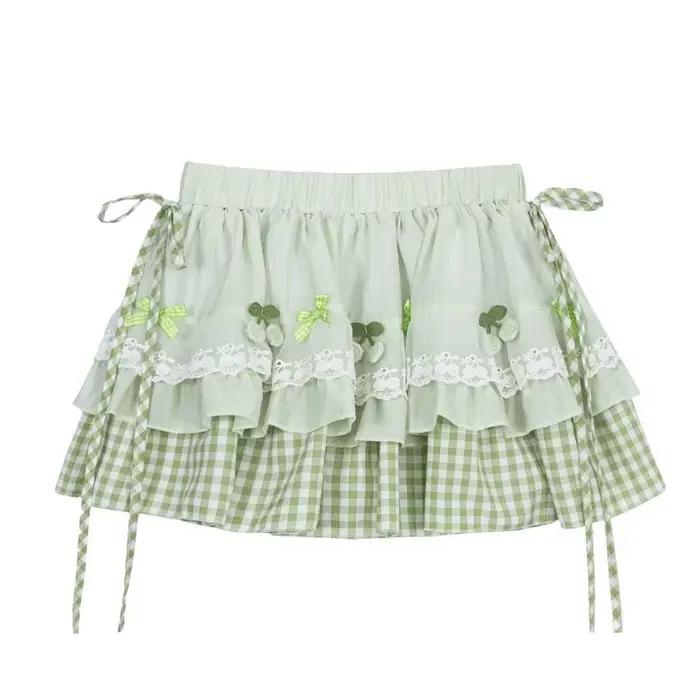 Mini-jupe verte à carreaux à volants pour femme