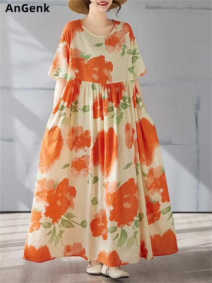 Coton Vintage à manches courtes robes florales pour femmes décontracté ample longue Robe Orange Femme Robe robes élégant vêtements d'été