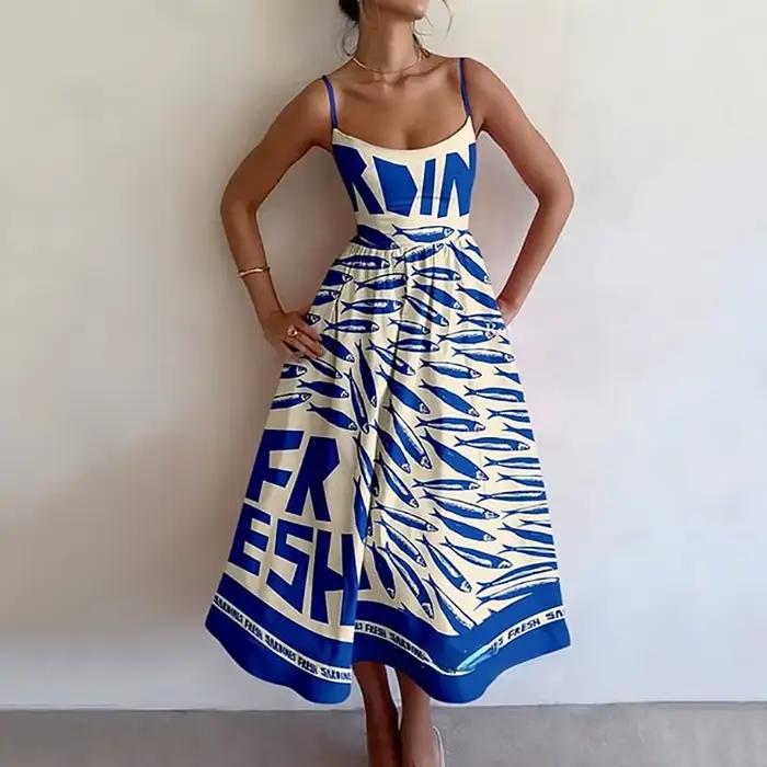 Robes longues élégantes pour femmes, nouvelle tendance d'été, col carré, épaules dénudées, sans manches, longueur au dos, robe imprimée