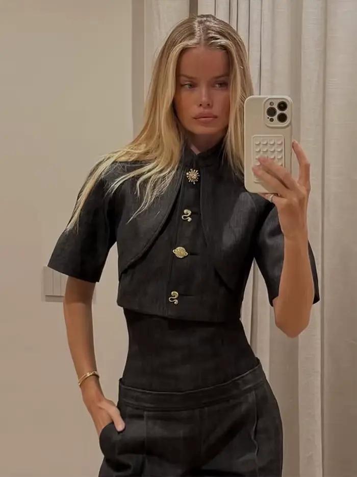 Ensemble tailleur-pantalon en jean pour femme, veste à manches mi-longues boutonnée et pantalon taille haute ample, élégant et chic