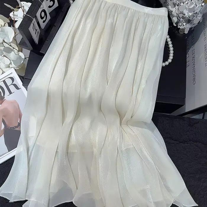 Jupe élégante en mousseline de soie pour femmes, nouveau Style d'été, jupe en maille fluide haut de gamme, Slim, taille haute, jupe trapèze, 2025