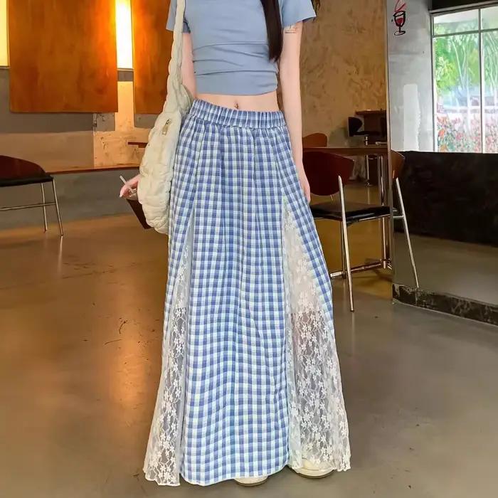 Jupe longue évasée en polyester à carreaux avec dentelle