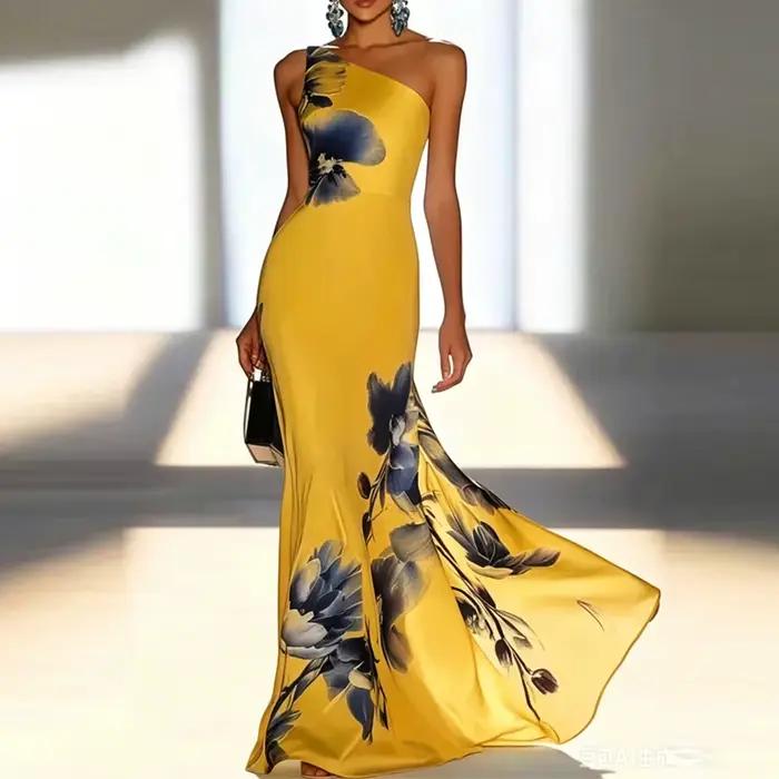 Robe longue chic pour femmes, à une épaule, imprimé floral bleu rétro, coupe ajustée, élégante, pour banquet, occasion formelle