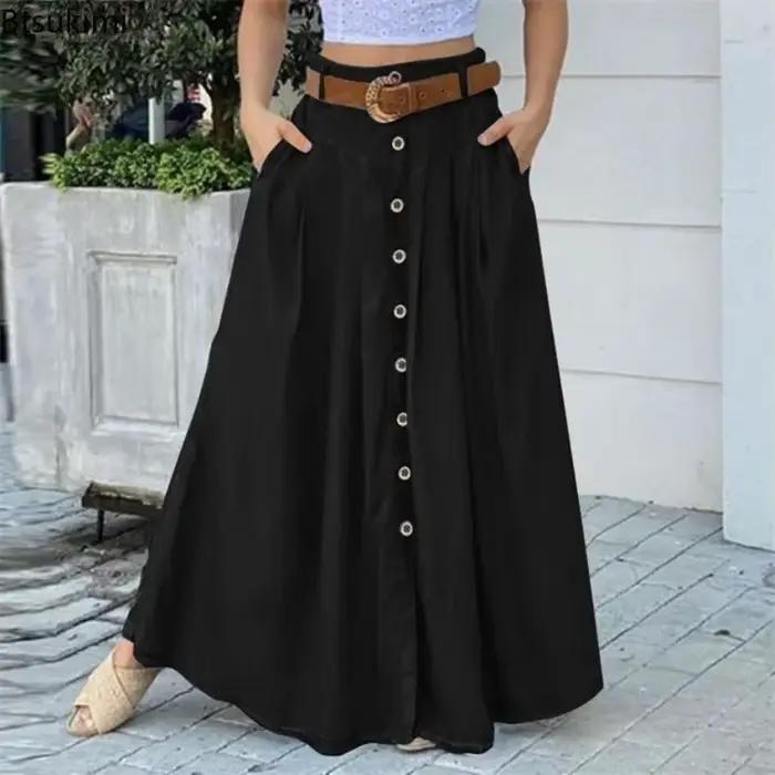 Nouvelles jupes longues 2026 pour femmes, grande taille, printemps-été, robe décontractée boutonnée, jupe taille haute unie, élégante robe de soirée pour femme