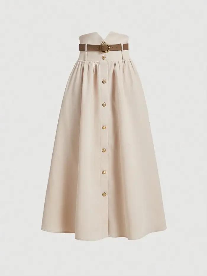 Jupe midi boutonnée taille haute abricot style rétro évasée avec rangée de boutons décoratifs pour femme