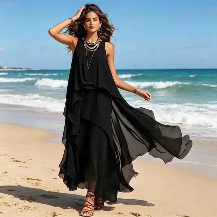 Robe longue fluide en mousseline pour femme, sans manches, col rond, ourlet asymétrique, robe d'été superposée pour cocktail ou invitée de mariage