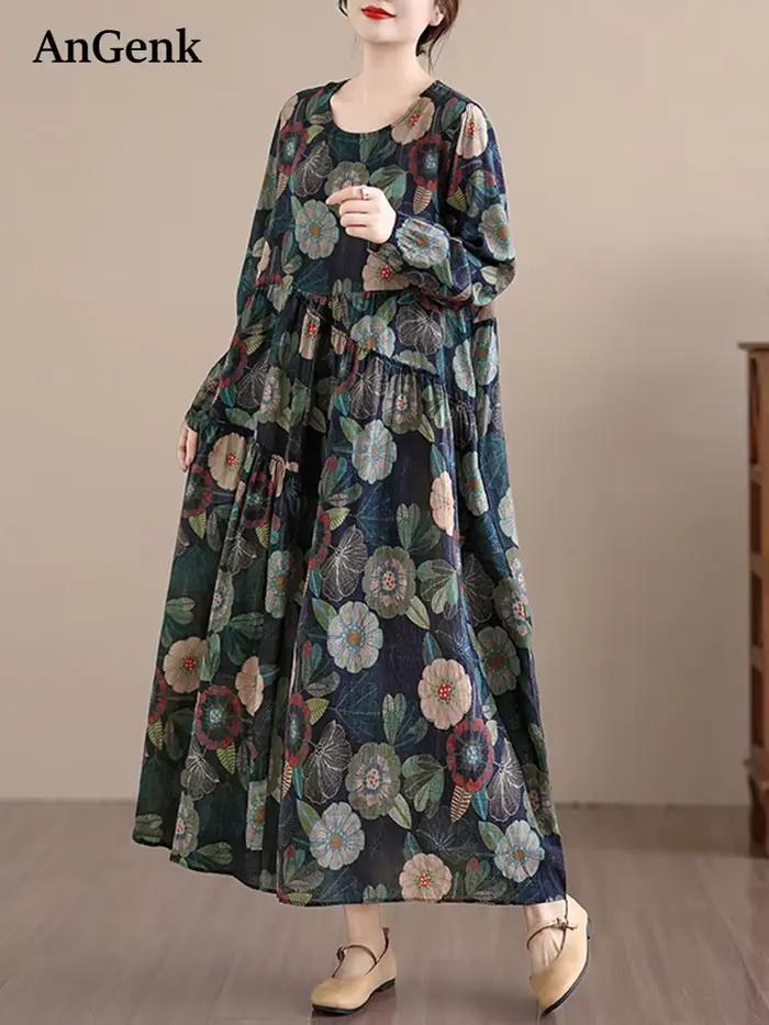 Coton à manches longues imprimé robes Vintage femmes 2025 printemps automne décontracté robe longue ample bureau dame robes vêtements élégants