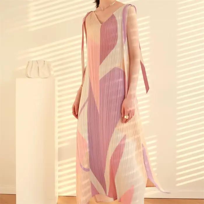 Robes longues robes de soirée sangle Xia Xin imprimé ourlet en forme de A fendu col en v robe ample sans manches ruban longue jupe féerique