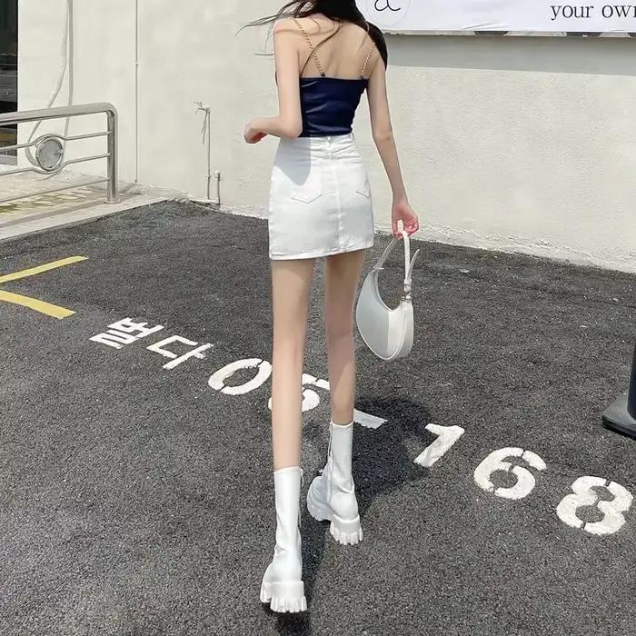 Xpqbb blanc Denim jupes femmes printemps été coréen taille haute paquet hanche jupe femme décontracté Simple sauvage