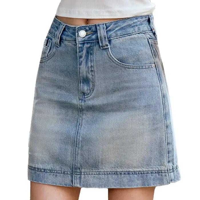 Jupe Courte en Jean Bleu Marine OLrain pour Femme, Collection Été 2026, Style Gyaru, Taille Haute, Coupe Trapèze avec Poches, Vêtements Féminins O57XB99901