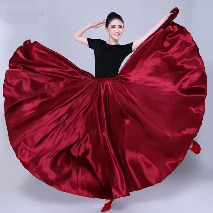 Jupe longue de danse gitane pour femmes, couleur unie, violet, or, en Satin, Yi et Uyghur, Costumes de danse tibétaine