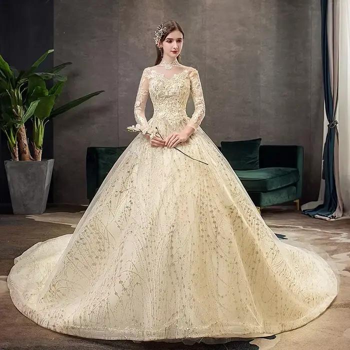 Robe De mariée Champagne avec traîne longue personnalisée, manches longues, nouvelle mode vintage, col haut, robe De bal, grande taille