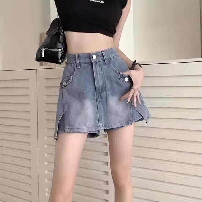 Jupe courte en jean amincissante pour femmes avec coupe trapèze fine, élégante et décontractée pour printemps été voyages et occasions spéciales