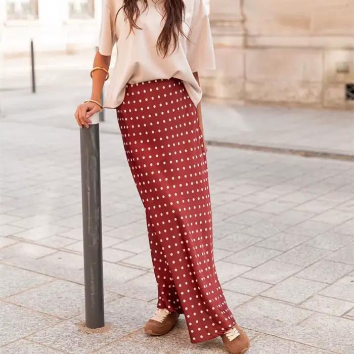 Femmes à pois jupe Maxi élégante moulante une ligne Flare jupes longues mignon points imprimé fluide