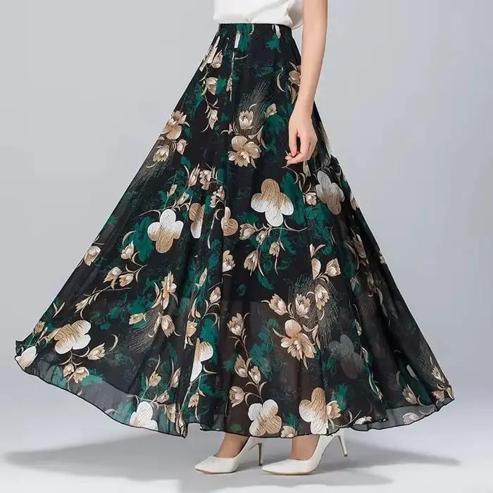 Mousseline de soie florale Maxi jupe d'été femmes longue taille haute vacances danse