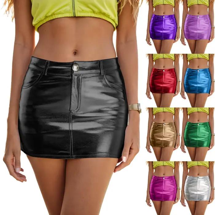 Jupe crayon en polyester brillante ZOMAXIUJEE pour femmes, minijupe moulante avec fermeture à boutons, pour soirée, fête, spectacle et autres occasions spéciales