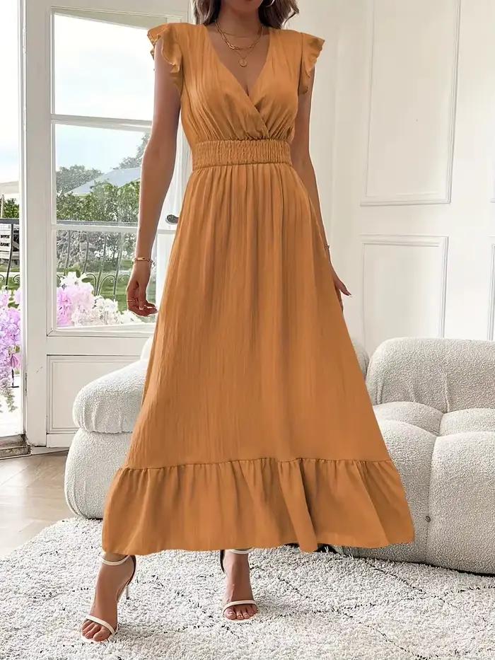 Robe longue d'été pour femmes à manches courtes, volants, sexy, élégante, col en V, robe maxi pour les vacances