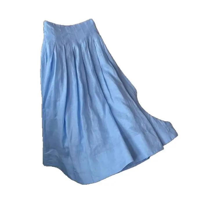 Jupe licou bleue en lin Lyocell plissé haut de gamme pour femmes