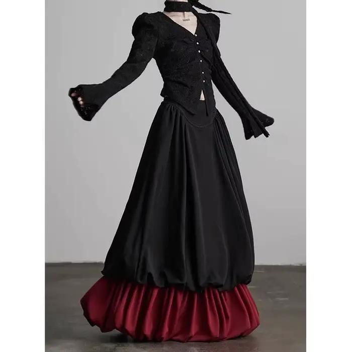 Jupe noire à effet deux pièces pour femme, nouvelle collection printemps, design fluide et amincissant, polyvalente, bicolore