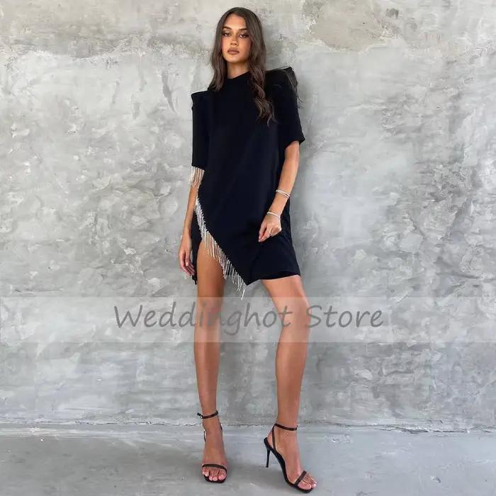 Robes de soirée noires pour femmes, col haut colonne, demi-manches, quelle que soit Mini Rotterdam Kle Crystal Tassel, robe de cocktail courte, 2023