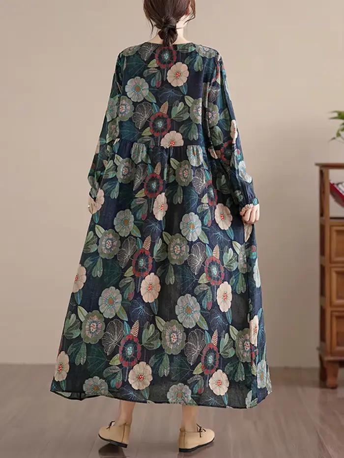 Coton à manches longues imprimé robes Vintage femmes 2025 printemps automne décontracté robe longue ample bureau dame robes vêtements élégants
