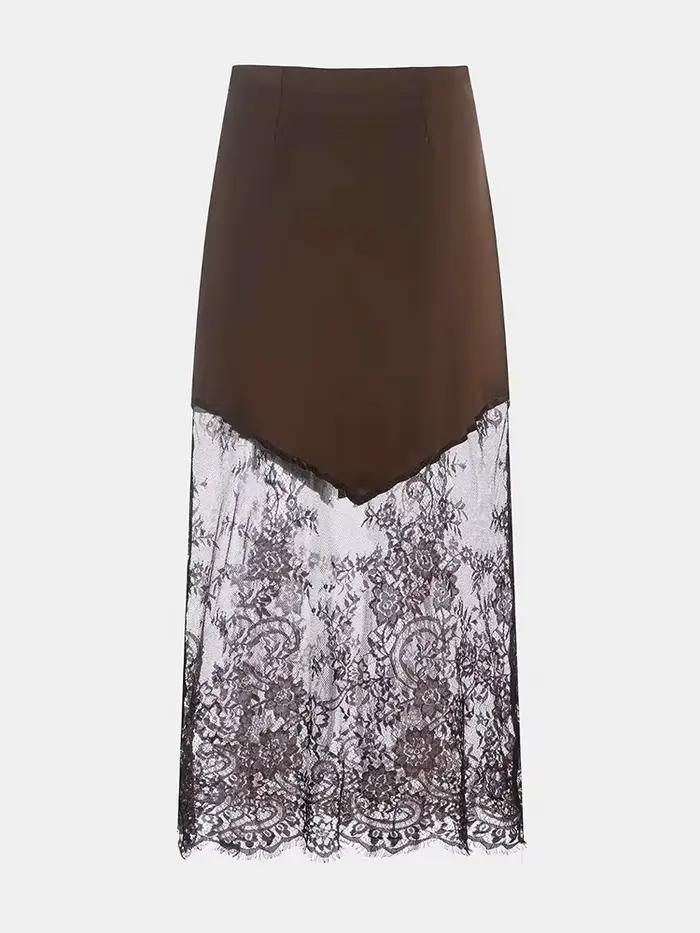 Trendix femmes Patchwork dentelle jupes 2025 nouvelle taille haute mince évider Maxi jupes automne marron mode fête Club Boho jupe