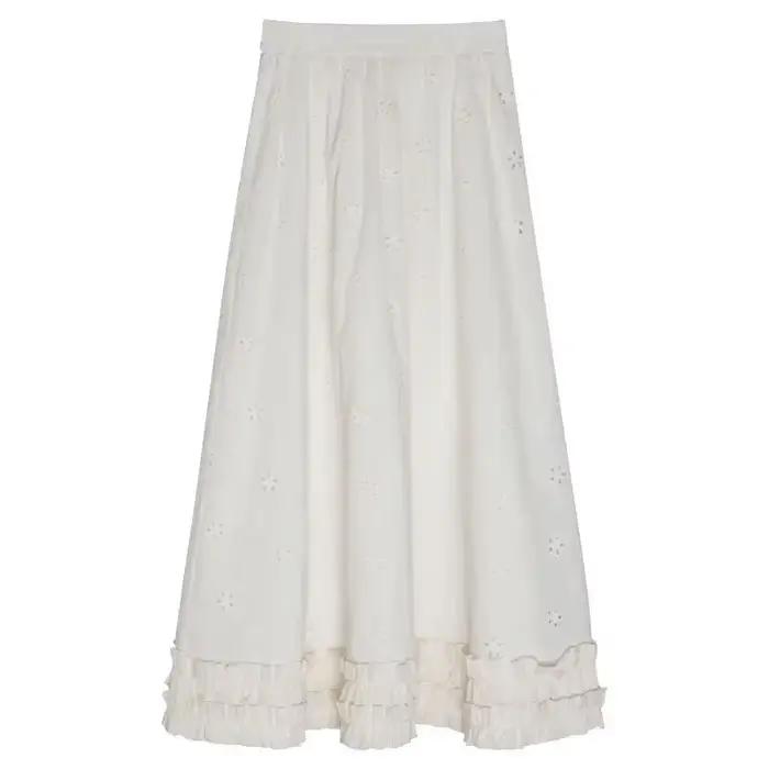 Jupe mi-longue brodée de fleurs creuses abricot français pour femmes, jupe mi-longue, Design tempérament, ligne a, printemps 2025