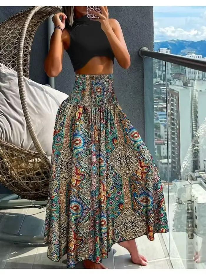 Grande taille femmes mode imprimé fleuri plis bohème élastique