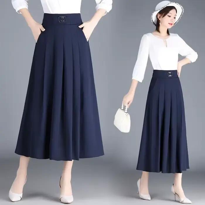 New Skirt Mid-length A-line Pleated Fashionable and Elegant Solid Color Versatile Casual High-waisted Large Hem