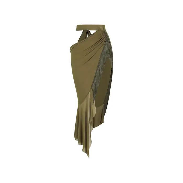 Robe de danse latine britannique: jupe d'entraînement en maille à ourlet irrégulier pour femme avec taille découpée à