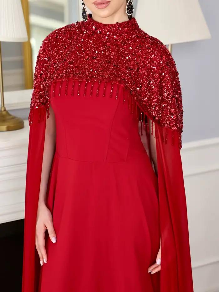 Robes de soirée formelles pour femmes, robe longue rouge à manches longues, robe de soirée de luxe, cape à sequins, robe maxi en mousseline de soie, robes de soirée élégantes