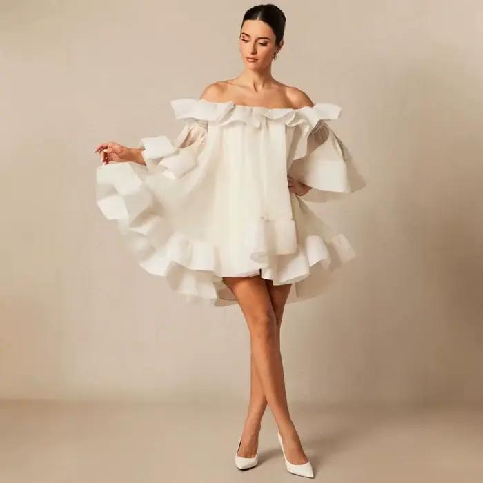 Robe Courte d'Été Élégante pour Femme, Style Féerique, Asymétrique à Une Épaule, avec Bordure en Dentelle et Manches Évasées