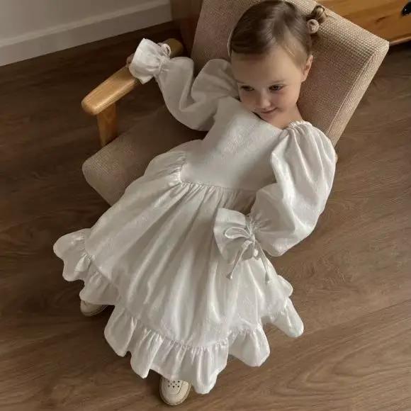 Jupe Lolita en coton et lin pour enfants, robe de princesse simple, col monochrome, rétro