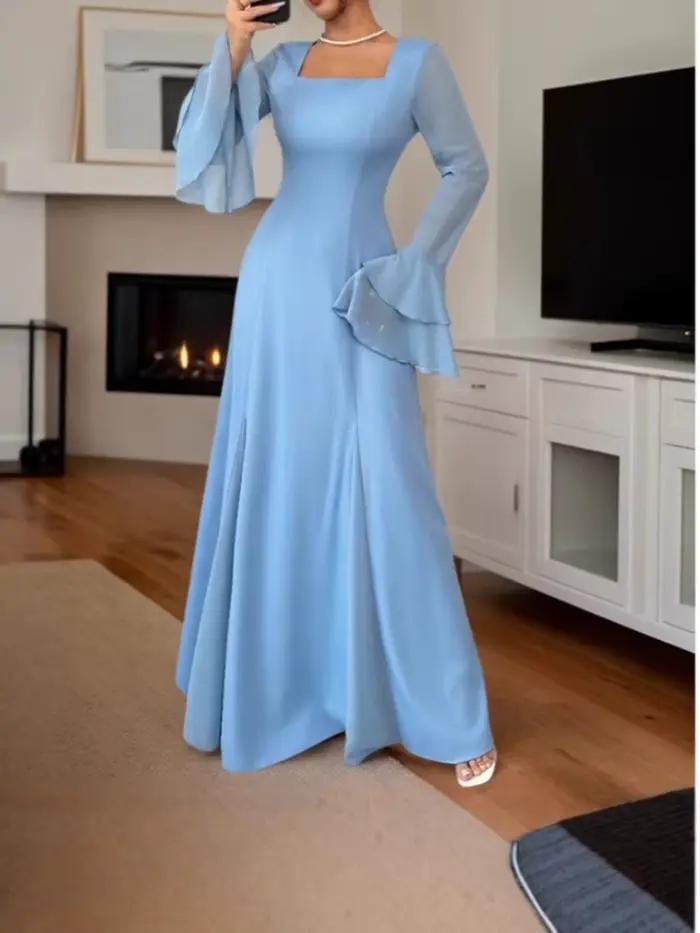 Robes de soirée bleues pour femmes, col carré, haute qualité, longueur ras du sol, traîne, coupe trapèze, manches longues, pour banquets et événements de prestige