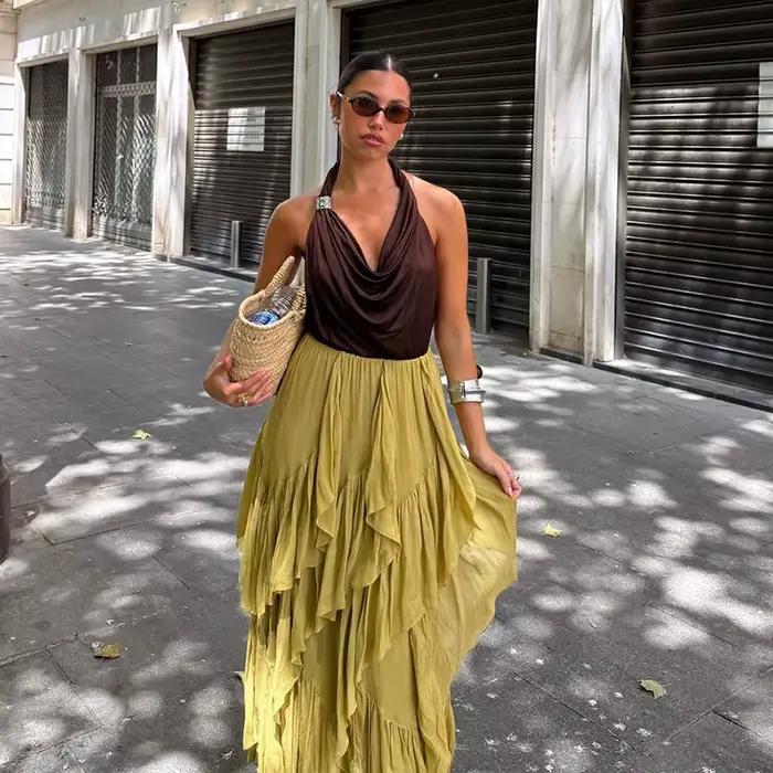 Jupe longue plissée asymétrique style bohème pour femme