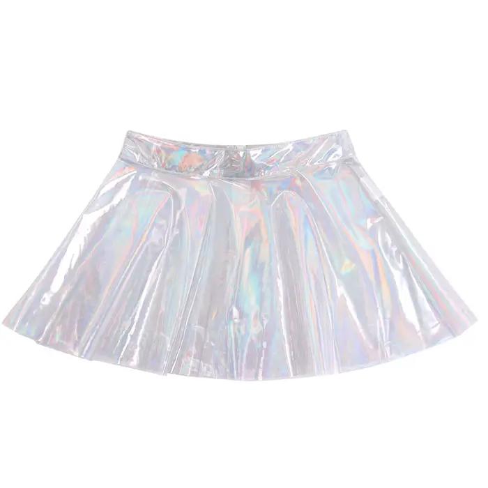 Sexy Club Rave a-ligne Mini jupe E fille Punk fée femmes brillant taille haute fermeture éclair dos transparent