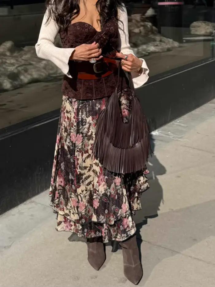 Nouvelle jupe mi-longue asymétrique à imprimé floral sexy pour femme