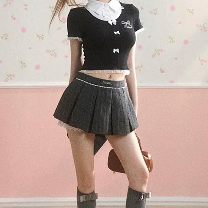 Jupe Mi-Longue Plissée Style Universitaire Motif Pois Avec Nœud Papillon Anti-Transparence Pour Femmes Occasions Spéciales Élégante Polyvalente Durabilité Comfortable