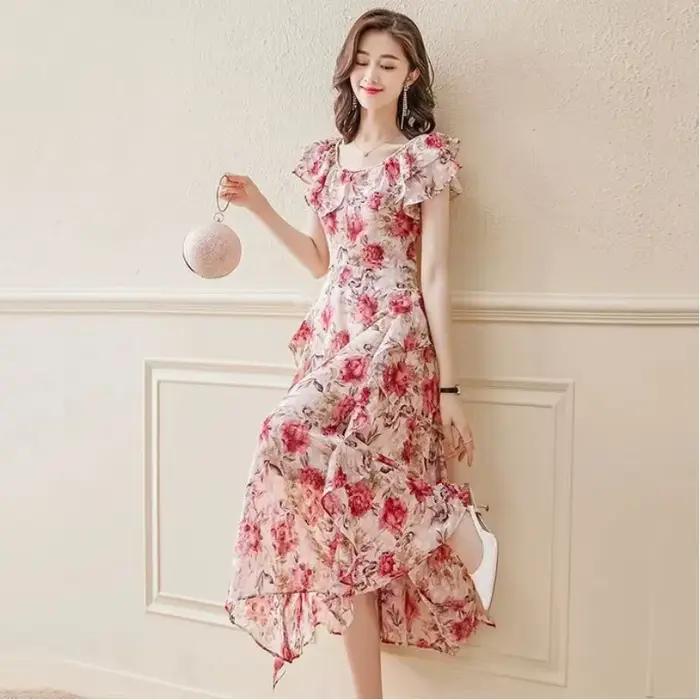 Robe florale en mousseline de soie pour femmes, nouveau Style fin, taille française, tempérament cintré, robes féeriques mi-longues à manches courtes, été