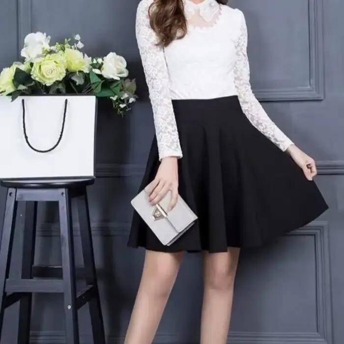 Jupes femmes populaire M-3XL plissé solide poche taille élastique jupe moyenne à la mode tout-match bureau dame respectueux de la peau élégant